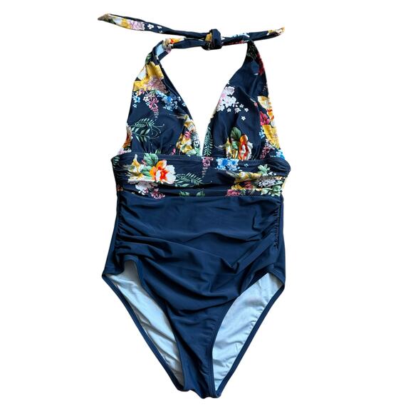 NWT Cupshe Halter Swimsuit Blue Floral Colorblock Tummy Control Backless Large - Picture 1 of 11
